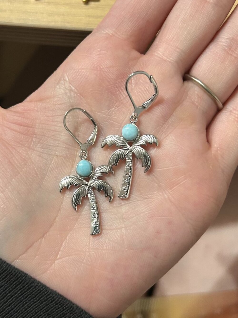 925 Sterling Silver Larimar Palm Tree Dangle Leverback Earrings